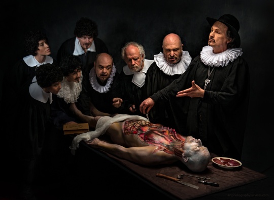 Anatomy Lesson.  Image awarded with FIAP Ribbon at Solway Small Print Exhibition 2013, in UK. From top left: Kristin Urbanheart Grant , Tom Gore Gore, From lower left: Aleta Eliasen Dusty, Derek Galon, Jon Hoadley Herman Surkis ,David Goatley. In horizontal position: Michael Ward.  Body paint: Kristin Urbanheart, Makeup: Aleta Eliasen,  Jon: lighting master Derek: additional body fx Dusty: costumes Herman: deliver the liver.